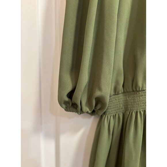 Nanette Lepore Olive Green Puff Sleeve Smocked Waist Ruffle Hem Dress Size 2 - Picture 5 of 6